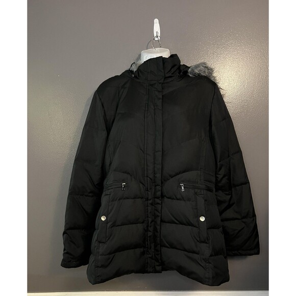 Larry Levine Down Jacket Womens Medium Black Hooded Faux Fur Removable Hood Coat - Picture 1 of 13